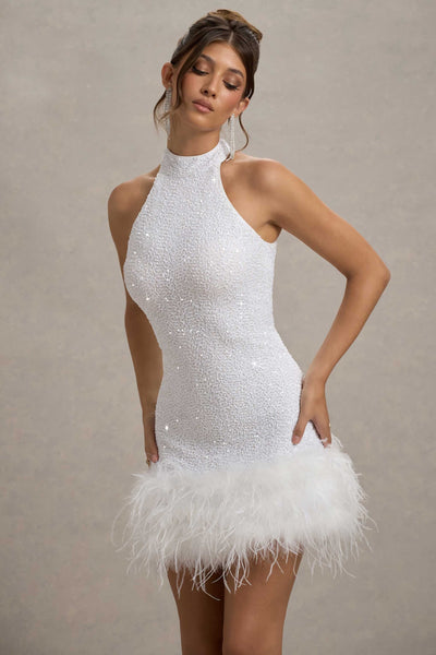 Luvia | White Sequin High-Neck Feather Trim Mini Dress